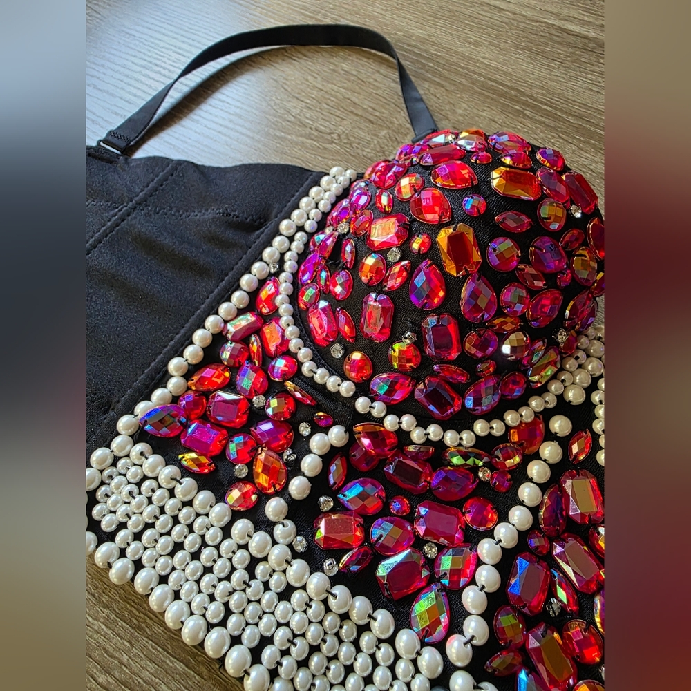 Rhinestone Pearl Bustier Crop Top – Y2K Baddie Corset Style (M/L) - Picture 4 of 5